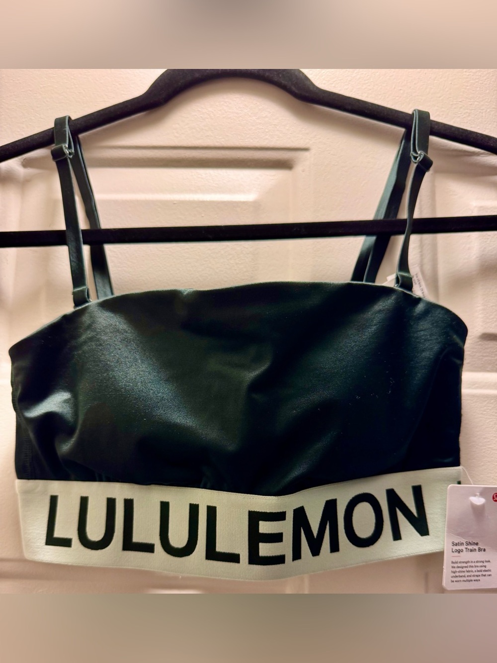 lululemon athletica Satin Shine Logo Bra in Deep Green with Cream Band
